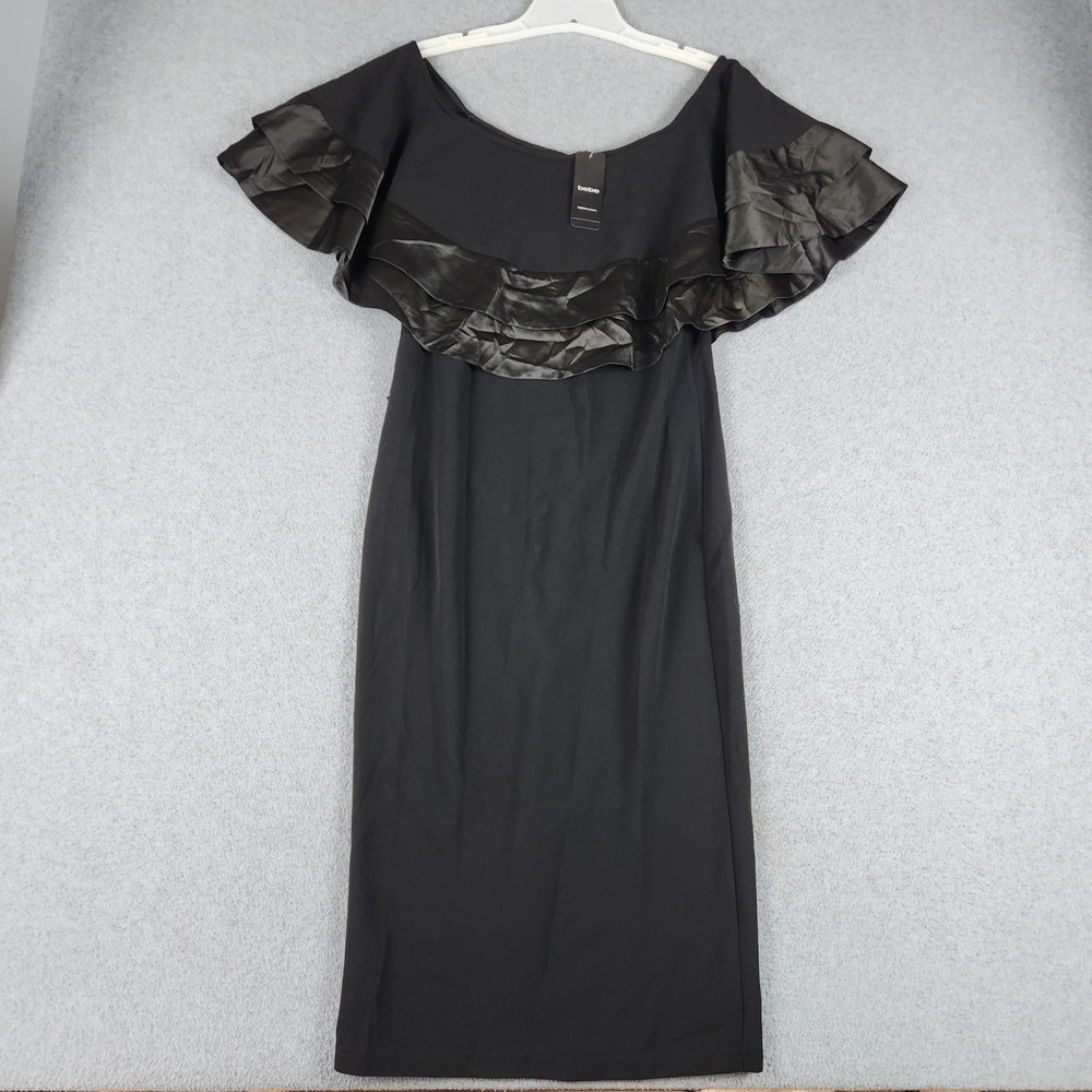bebe Bodycon Dress Womens Medium Black Off Shoulder Ruffle Satin Trim Back Zip